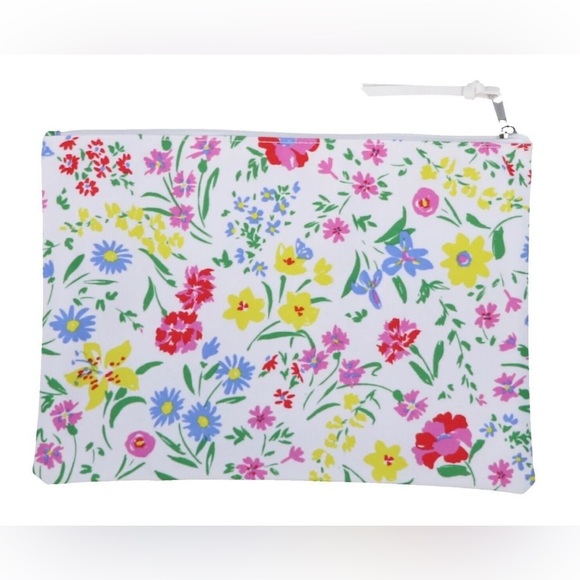New Kate Spade New England Floral Large Cosmetic Pouch White Canvas Zipper - Picture 2 of 3